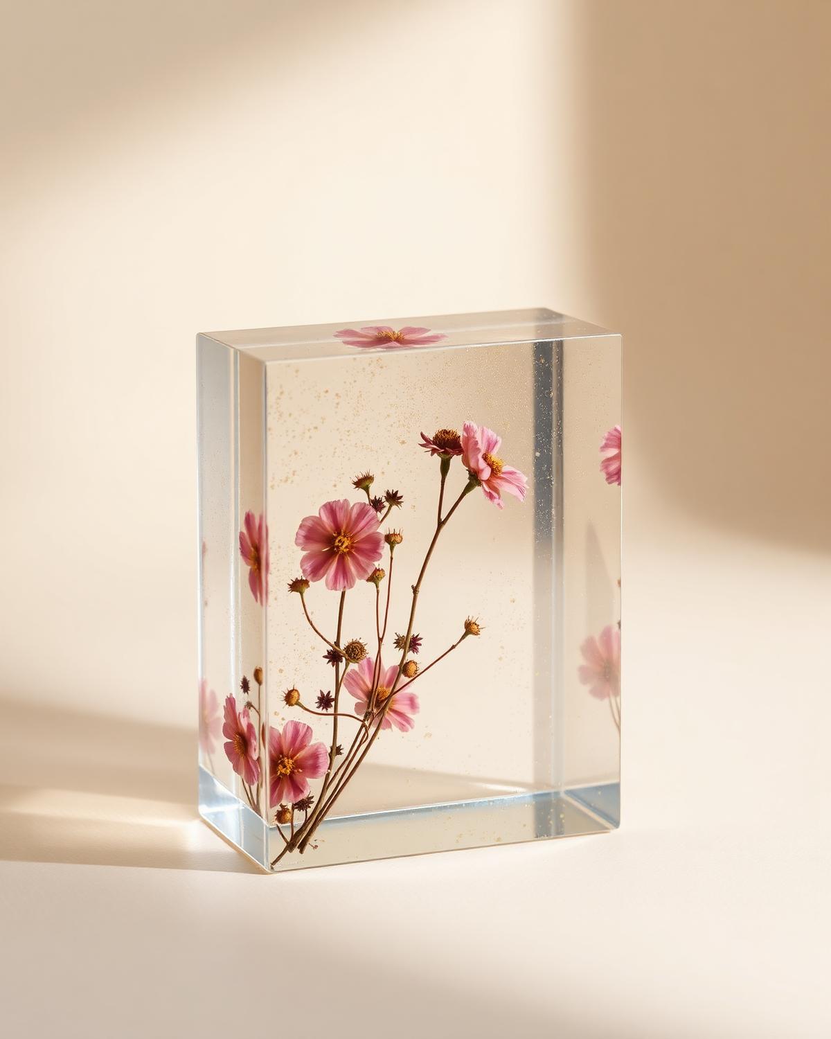 Écrin en résine transparente préservant des fleurs séchées